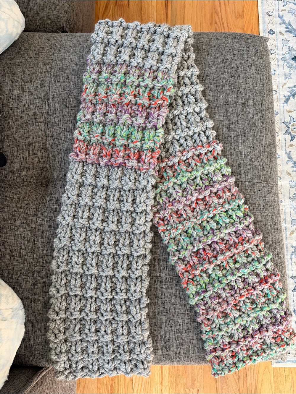 Handmade Gray Knit Scarf with Multicolor Accent